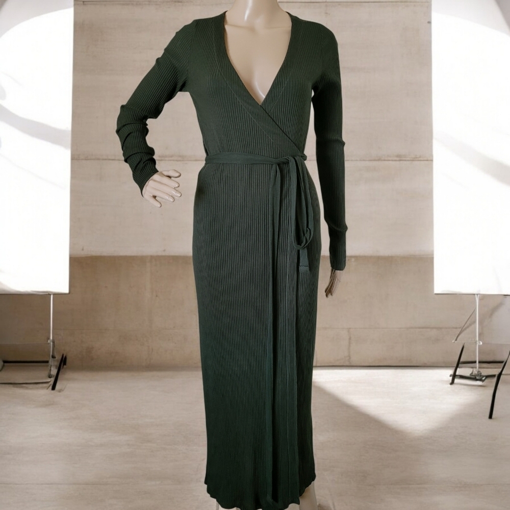 Enza Costa Ribbed Knit Wrap Midi Dress Hunter Green S Dark Olive Long Sleeve